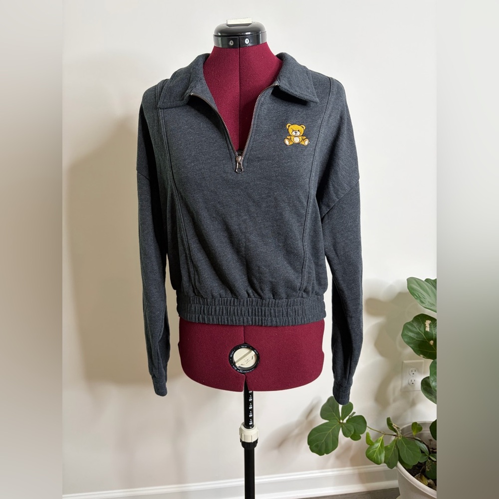 Cut & paste Gray Quarter-Zip Pullover with Bear Patch